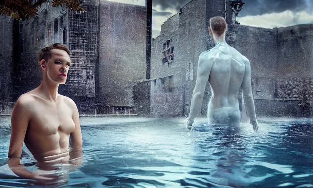 Prompt: full shot of a man made of water, photorealistic, cinematic lighting, 8 k, extremely detailed photograph by jamie baldridge
