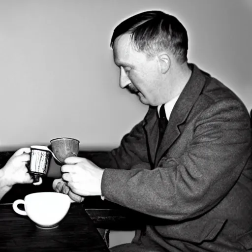 Prompt: a photo of hitler take tea with a muslim, photorealistic, realism, black and white