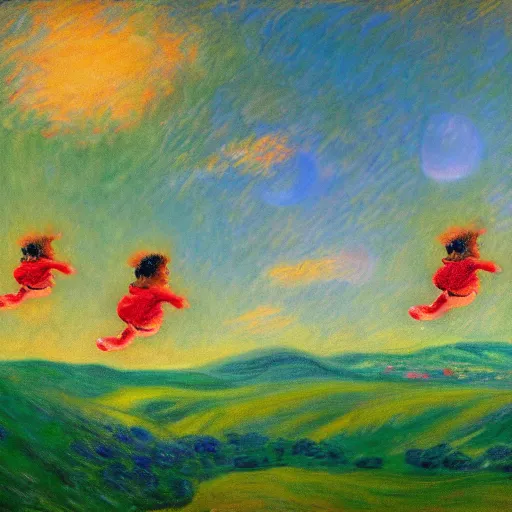 Prompt: a painting of three small people flying over rolling green hills, far away, inspiring, beautiful, brightly colored, paranormal, in the style of Monet, red and green color scheme, Kanye West Donda Album Cover