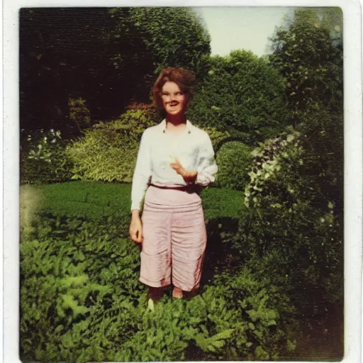 Image similar to woman standing in a french garden, an unidentified creature, bright summer day, washed out colors, polaroid