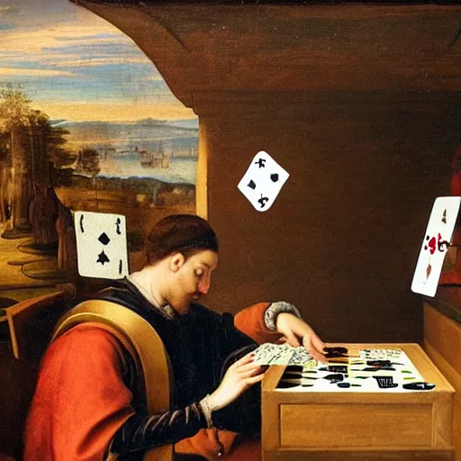 Image similar to a renaissance painting of a man playing piano with playing cards floating in the air