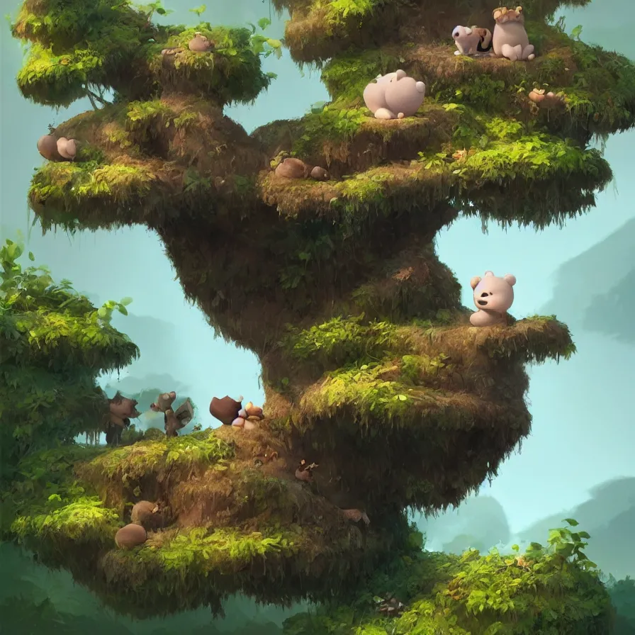 Image similar to A river, a baby bear on top of a trunk, jungle, art by Goro Fujita, ilustration, concept art, sharp focus, ArtStation, Deviantart