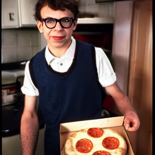 Prompt: Rick Moranis at 17 years old and the pizza delivery boy, has acne and is extremely awkward movie still, cinematic Eastman 5384 film - n 6