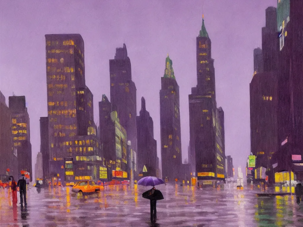 Image similar to cityscape view of new york city night, raining, purple storm skies, man with umbrella, ultra view angle view, realistic detailed painting by edward hopper