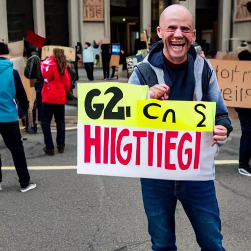 Prompt: photograph of smiling man holding a protest sign saying'2 + 2 = 3 lol 😂 ', high detail, 8 k resolution