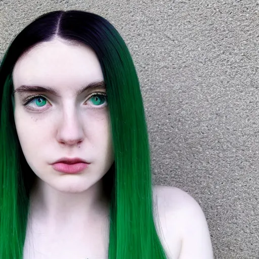 Prompt: a pale girl with green hair, soft facial features, looking directly at the camera, neutral expression, instagram picture