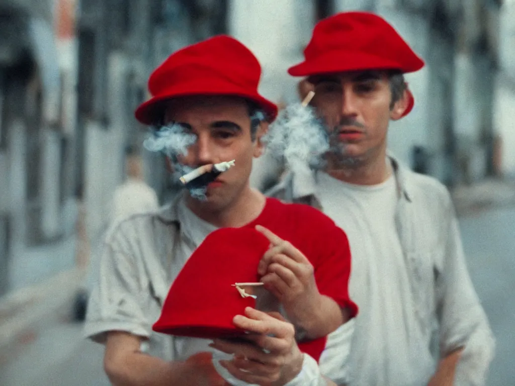 Prompt: Film Still close-up of one single person, Mario in a red hat with an M smoking a cigarette in Hitchcock's Vertigo film aesthetic!!! color grain 35mm