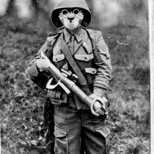 Image similar to old wartime photograph of crazy frog holding a lewis gun, 1 9 1 7