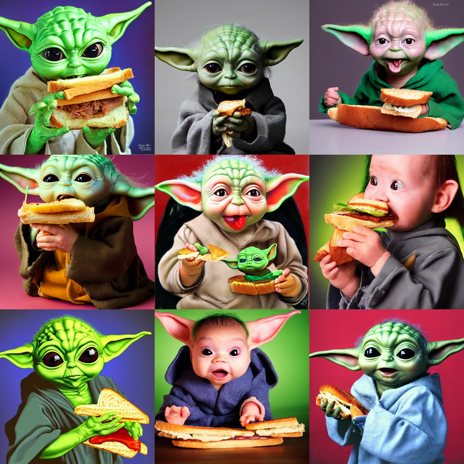 Prompt: baby yoda grogu!!! eating a sandwich, studio portrait