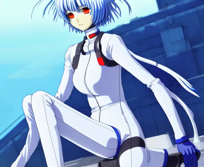 Image similar to anime art, fullbody shot of female rei ayanami, evangelion, long blue hair and large eyes, finely detailed perfect face, in a pale skintight plugsuit, sitting on rooftop, flooded city, trending on pixiv fanbox, by ilya kuvshinov, sola digital arts,, raytracing