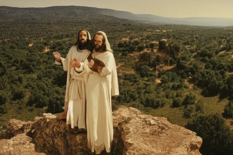 Prompt: a unique old analog color photo of jesus and mary magdalene standing on a cliff looking over a beautiful landscape in languedoc, france, award winning photo, very realistic