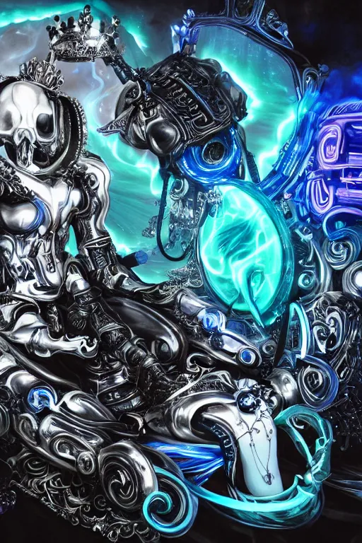 Image similar to full-body rococo and cyberpunk style neon statue of a young attractive portugues macho dotado e rico android sim roupa reclining con piroca dura, glowing white laser eyes, prince crown of blue gears, diamonds, swirling silver-colored silk fabric. futuristic elements. full-length view. space robots. human skulls. intricate artwork by caravaggio. Trending on artstation, octane render, cinematic lighting from the right, hyper realism, octane render, 8k, depth of field, 3D