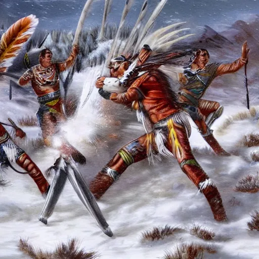 Image similar to majestic native americans fighting cyborg white men in a snowy field, landscape, hyper realistic,