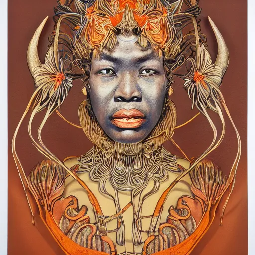 Image similar to medium portrait soft light painted by james jean and tooth woo and joe fenton, inspired by shaka zulu shakespeare, orange brown only, fine, sharp high detail, - c 1 5