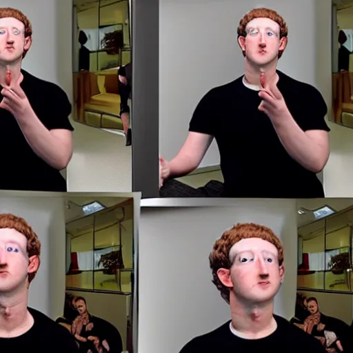 Prompt: mark zuckerberg lost walking in his endless metaverse house of mirrors, vr helmet on