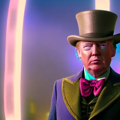 Image similar to donald trump as willy wonka in avengers movie, fantasy, splash art, avengers movie, movie still, detailed face, photorealistic facial features, cinematic lighting, dramatic, octane render, long lens, shallow depth of field, blockbuster, bokeh, hd, anamorphic lens flare, 8 k, hyper detailed, 3 5 mm film grain