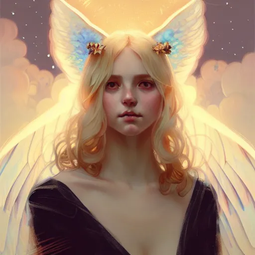 Image similar to Portrait of a girl angel with blonde hair, cat ears, glowing halo, wings, fantasy, intricate, elegant, highly detailed, digital painting, artstation, concept art, smooth, sharp focus, illustration, art by Krenz Cushart and Artem Demura and alphonse mucha