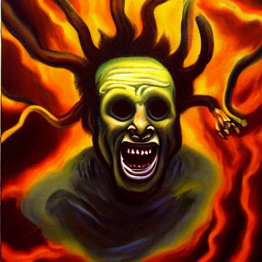 Prompt: Man arising from the depths of hell. Oil painting.