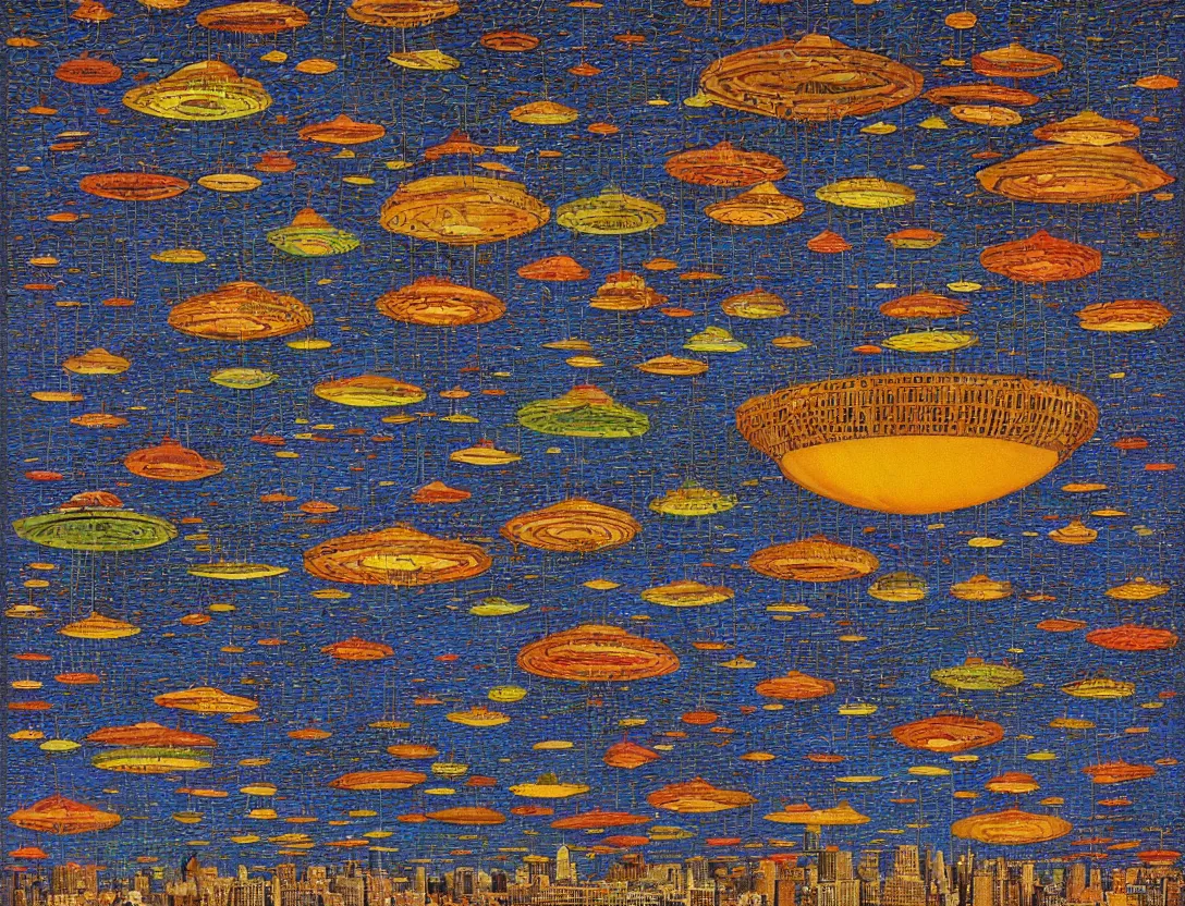 Image similar to ufos flying mysterious banners over the city, brutalist, by mati klarwein and moebius