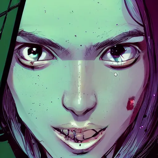 Image similar to Highly detailed portrait of pretty post-cyberpunk zombie young lady with, freckles and beautiful hair by Atey Ghailan, by Loish, by Bryan Lee O'Malley, by Cliff Chiang, inspired by image comics, inspired by graphic novel cover art, inspired by izombie, inspired by scott pilgrim !! Gradient green, black and white color scheme ((grafitti tag brick wall background)), trending on artstation