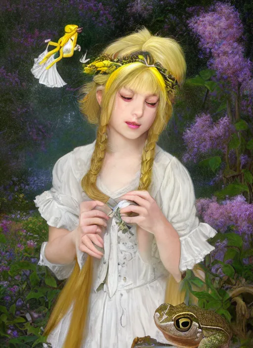 Prompt: close-up portrait of young white witch, with short yellow hairs, two pigtails hairstyle, with a cute frog, in the garden, in white messy flower crown of white wild flowers, in formal shirt with Hufflepuff tie, painting in the museum, highly detailed, sharp focus, digital painting, artwork by Kinkade, by Victor Adame Minguez by Yuumei by Tom Lovell by Sandro Botticelli