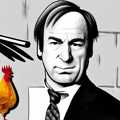 Image similar to saul goodman and a rooster in a medieval torture chamber, saw blades and knives in the background, horror movie, saul goodman!!!!!, rooster!!!!, real life photo, detailed face