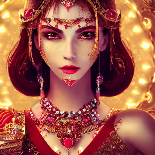 Image similar to wonderful princess with smooth fair skin, alluring eyes, red jewelry, breathtaking, elegant, intricate, ornate backdrop, hyper detailed, accent lighting, 4 k glamour photography, octane render