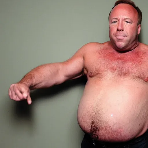 Prompt: Alex Jones shirtless highly detailed fat hairy