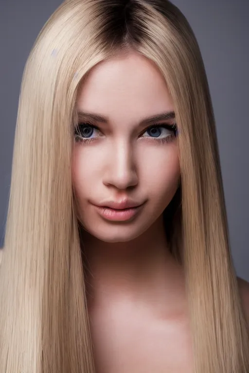 Image similar to head shot photo of a blonde female model in her twenties, silky straight hair, wearing a designer top, looking content, photo realistic, extreme detail skin, natural beauty, no filter, slr, golden hour, 4 k, high definition, selfie