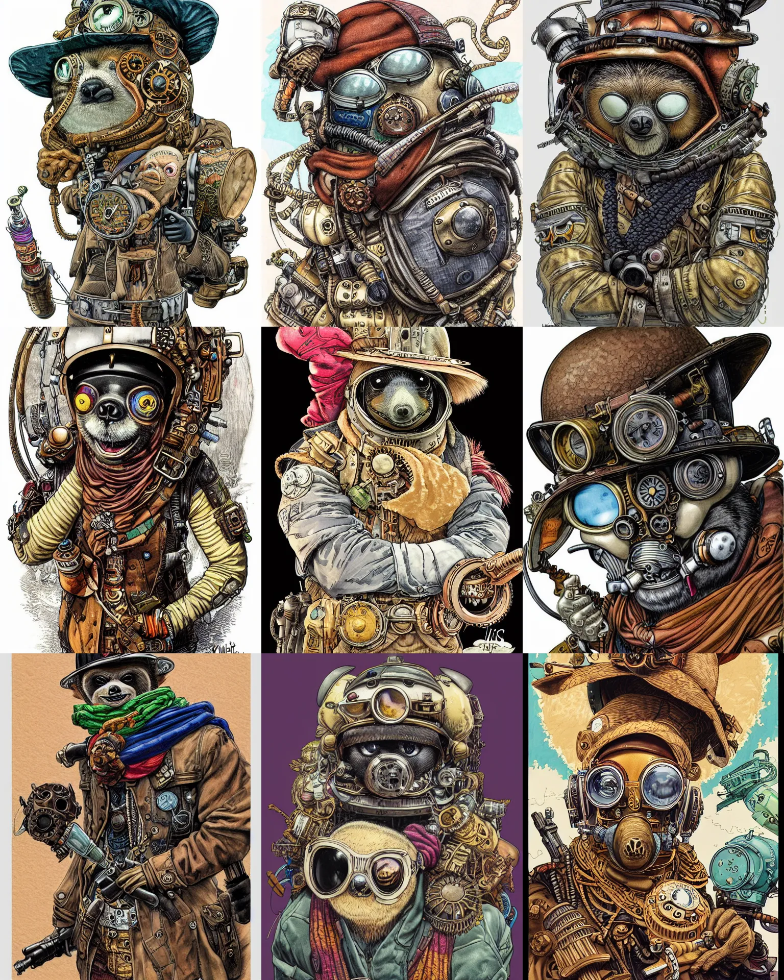 Prompt: highly detailed colored ink illustration full shot portrait of a steampunk dieselpunk mythpunk sloth wearing a helmet and a scarf, clean shaped illustration by kim jung gi, ric estrada, ron english and eiichiro oda