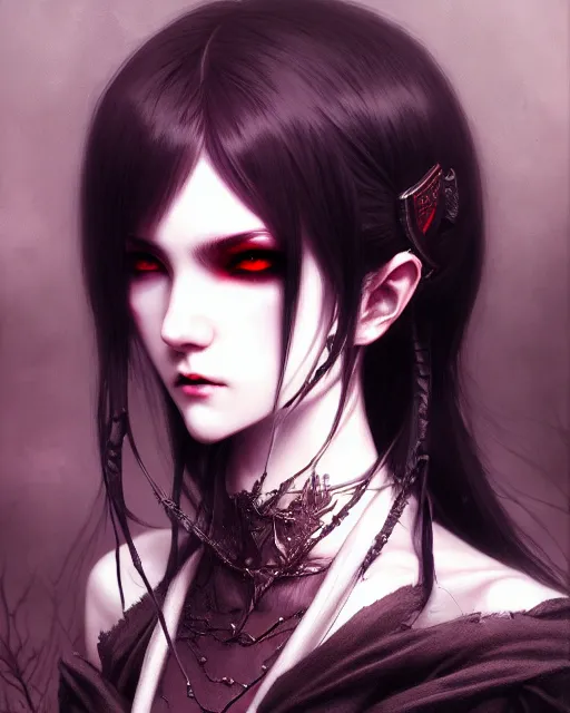 Image similar to dark vampire, character portrait, concept art, intricate details, highly detailed by ilya kuvshinov and gustave dore, wenjun lin,