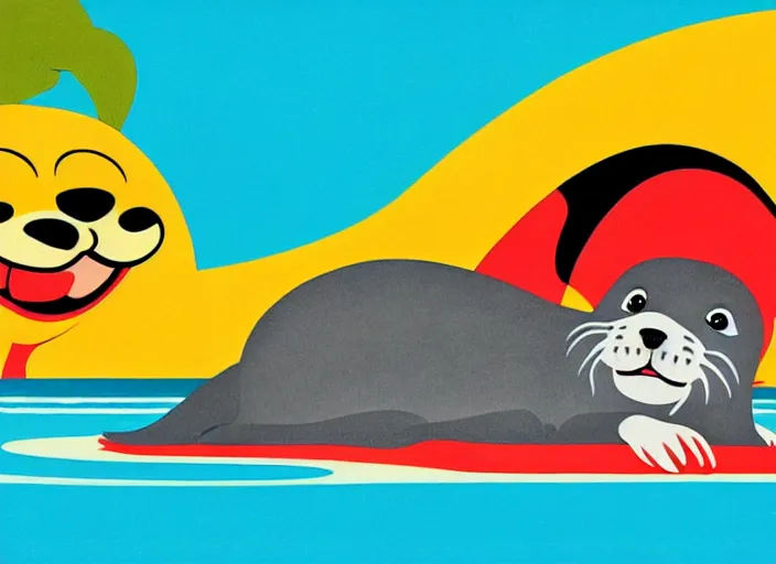 Prompt: dog and otter relaxing, colorful,modern art deco, disney poster, editorial illustration, detailed,