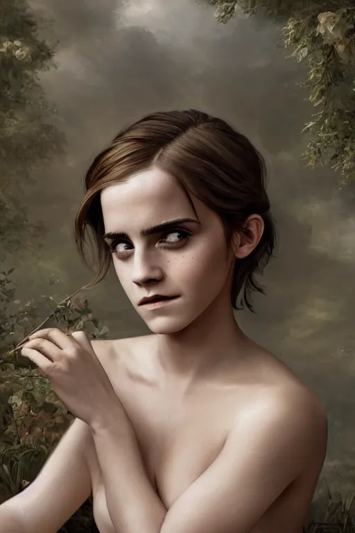 Image similar to Emma Watson as a nymph, full body, oil on canvas, intricate, portrait, 8k highly professionally detailed, HDR, CGsociety