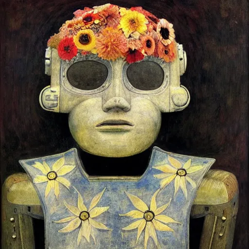 Image similar to a robot wearing a mask made of flowers, by annie swynnerton and diego rivera, symbolist, dramatic lighting, elaborate geometric ornament, art brut, soft cool colors, smooth, sharp focus, extremely detailed, adolf wolfli and dan munford