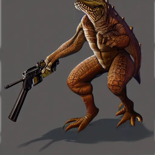 Image similar to concept art, crocodile holding guns, character, 4k, prideful stance, portrait