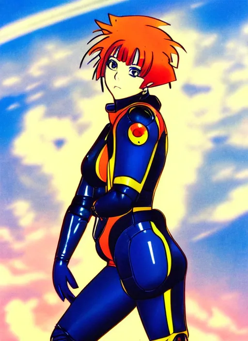 Prompt: Portrait of a female mech pilot in a latex bodysuit, 90s anime, cel-shaded, highly detailed, dramatic background, complementary lighting, poster