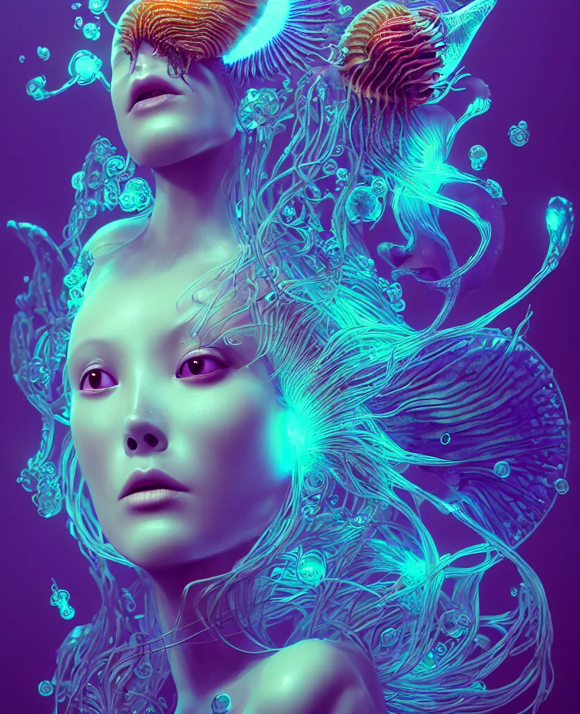 Image similar to goddess close-up portrait. colibri orchid jellyfish phoenix head, nautilus, skull, betta fish, bioluminiscent creatures, intricate artwork by Tooth Wu and wlop and beeple. octane render, trending on artstation, greg rutkowski very coherent symmetrical artwork. cinematic, hyper realism, high detail, octane render, 8k