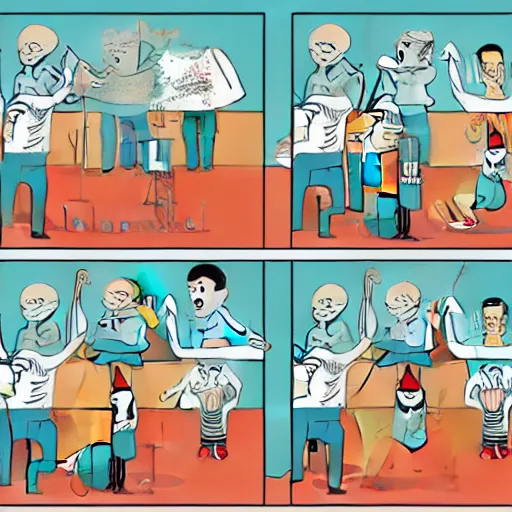 Image similar to exercises de relaxation pour la fin du monde, in the style of joan cornella, comic strip, absurd