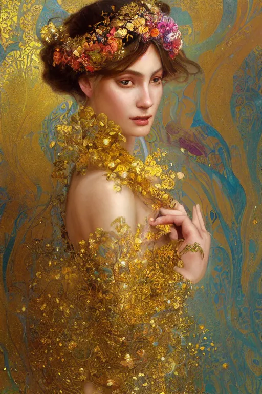 Image similar to an intricate painting of a beautiful young lady surrounded by flowing flower petals covered in silk clothes with klimt golden motives and textures, hyper detailed, ornamental gold headpiece, octane render, vivid colors, artstation, by jeremy mann, by alphonse mucha, by boris vallejo