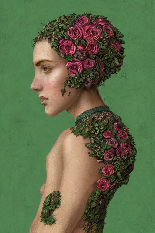 Image similar to portrait of beautiful young mainem, warhammer, russian style, cyber armor, a lot of more scars, more and more flowers, green head, the middle ages, highly detailed, artstation, illustration, art by rene magritte, 8 k quality