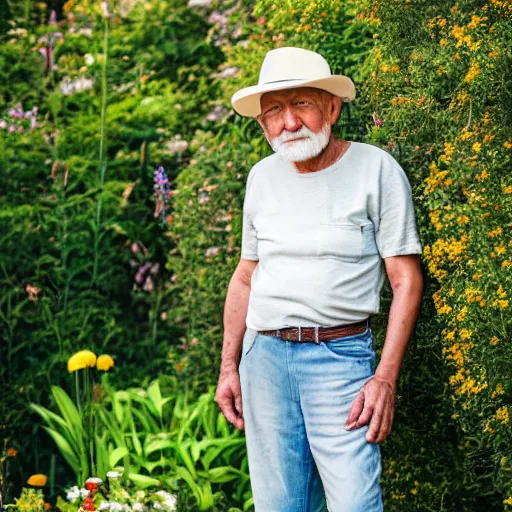 Image similar to portrait of an old man in with short grey hair and no beard wearing a straw hat standing in a garden, yellow t shirt, jeans, brown leather shoes, photography, high detail,