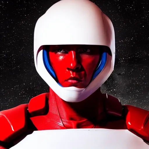 Image similar to headshot of a tall athletic muscular infantry man in glossy sleek white armor with tiny red details and a long red cape, heroic posture, strong jawline, on the surface of mars, night time, dramatic lighting, cinematic, sci-fi, hyperrealistic