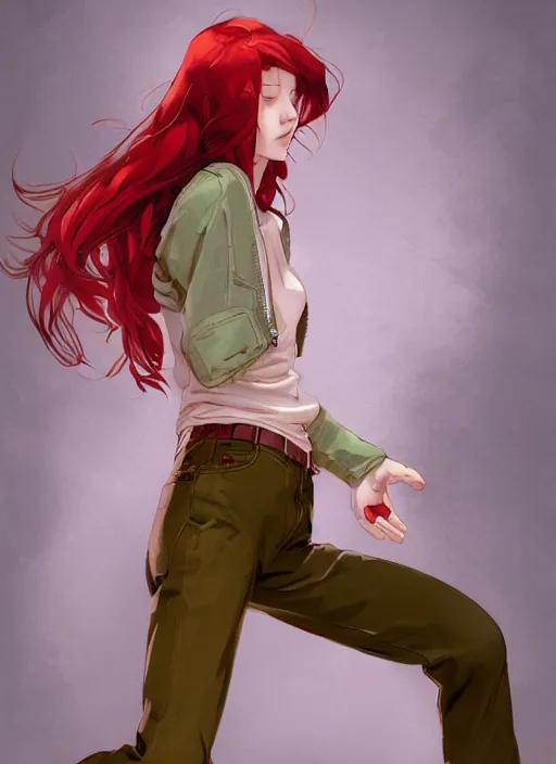 Prompt: full - body shot of an attractive tomboy girl with long, crimson red hair and red eyes, wearing a brown, open jacket and green jeans with a stern look, concept art, character design, by wlop, by ross draws, by tomine, by satoshi kon, by rolf armstrong, by peter andrew jones, beksinski