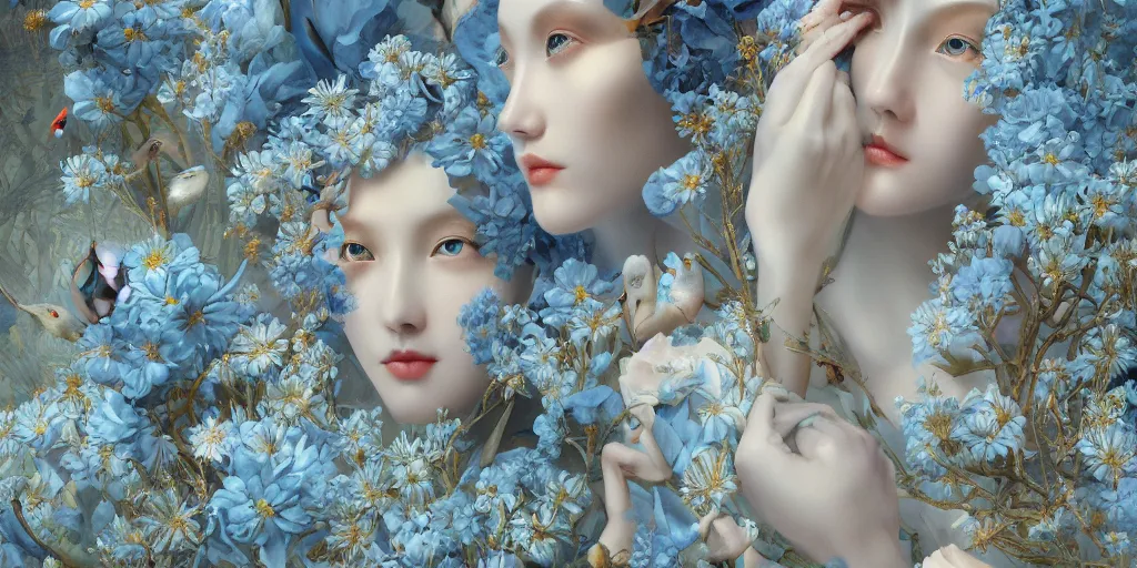 Image similar to breathtaking detailed concept art painting art deco pattern of blonde faces goddesses amalmation light - blue flowers with anxious piercing eyes and blend of flowers and birds, by hsiao - ron cheng and john james audubon, bizarre compositions, exquisite detail, extremely moody lighting, 8 k