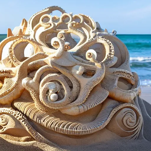 Prompt: ornate sand sculpture on the beach made of elaborate sea shells, gold accents, seaweed trees, crab claw turrets, insane detail, luxury, intricate carving, intricate lines, Zbrush, 3D sculpture, 8K