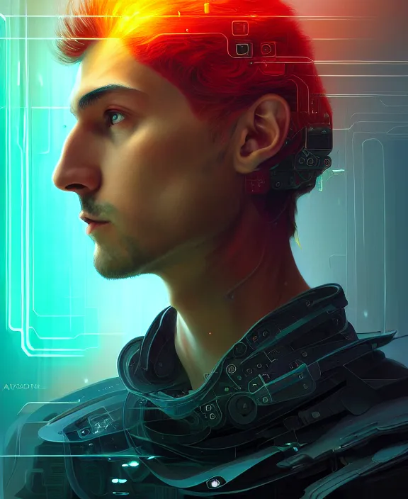 Image similar to a whirlwind inside the metaverse, guy, male, man, hologram, half body, neurochip, android, cyborg, cyberpunk face, by loish, d & d, fantasy, intricate, elegant, highly detailed, colorful, digital painting, artstation, concept art, art by artgerm and greg rutkowski and alphonse mucha