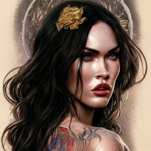 Image similar to ultra realistic illustration, megan fox with fangs as vampire, intricate, elegant, highly detailed, digital painting, artstation, concept art, smooth, sharp focus, illustration, art by artgerm and greg rutkowski and alphonse mucha
