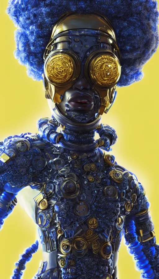 Image similar to full body head to toe portrait of a afropunk sci-fi cyborg ninja, third person, D&D, sci-fi fantasy, intricate, blue and gold, afrofuturism, afro hair style, black skin male, highly detailed, art by Range Murata, highly detailed, 3d, octane render, bright colors, digital painting, trending on artstation, sharp focus, illustration style of Stanley Artgerm, dramatic background