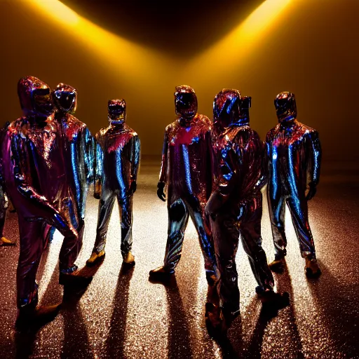 Image similar to unsplash contest winning photo, a giant crowd of men in full - body shiny reflective silver latex suits including masks and pants and shirts, inside a colorful dramatic unique rocky western landscape, low fog, neon light tube