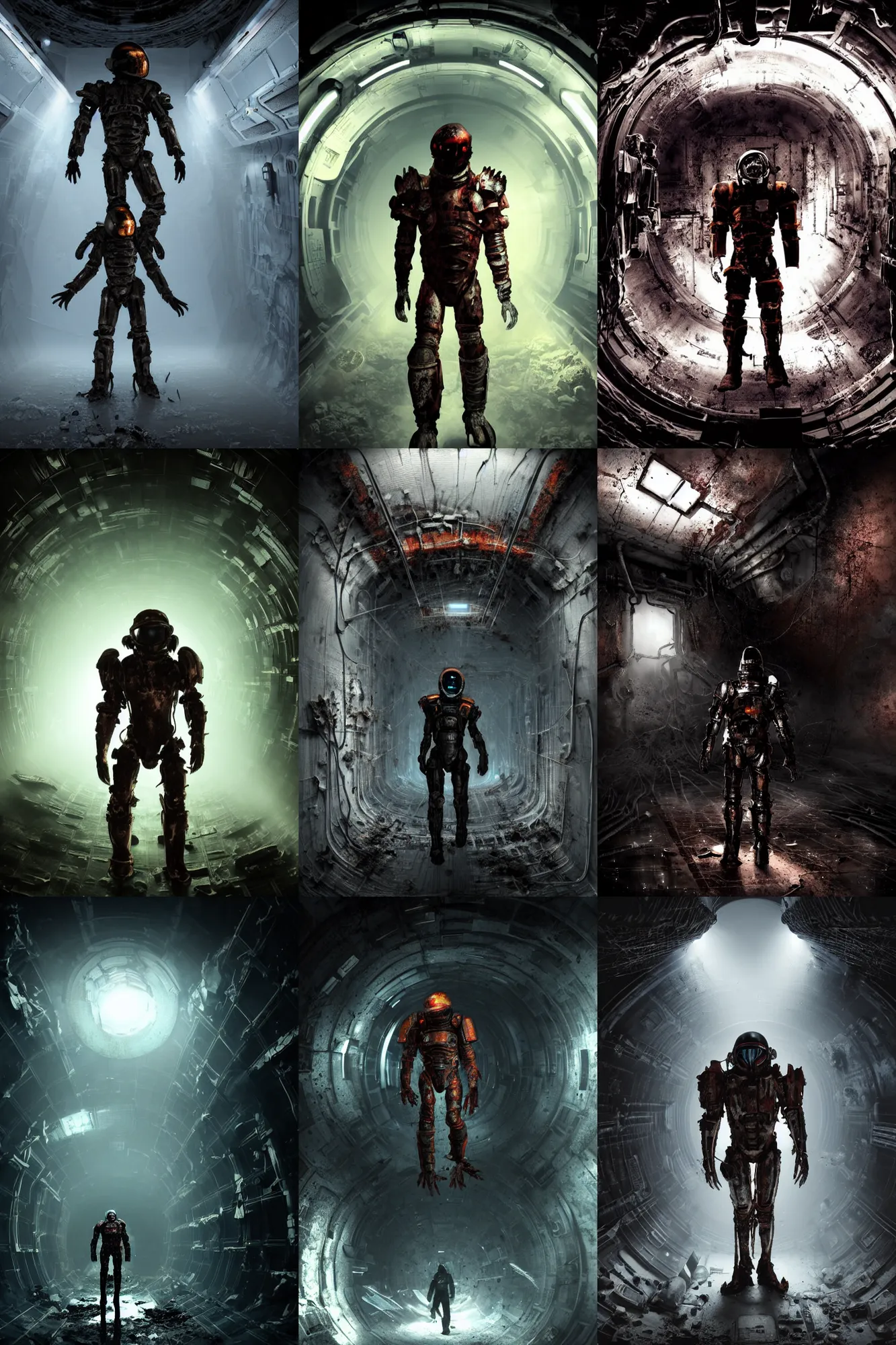 Prompt: horror movie scene of an individual in futuristic armor walking through a deep space mining space station, the walls are rusted metal, broken pipes come out of the walls like hands, birds eye 3 / 4 angle, dark colors, muted colors, tense atmosphere, mist floats in the air, amazing value control, dead space, moody colors, dramatic lighting, frank frazetta